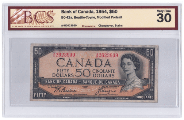 BCS Graded VF 30 1954 Canada 50 Dollars Banknote