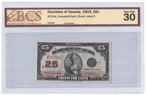 BCS Graded VF 30 1923 Canada 25 Cents Banknote