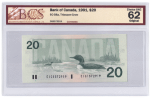 BCS Graded UNC 62 1991 Canada 20 Dollars Banknote