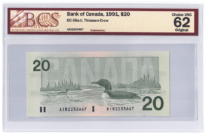 BCS Graded UNC 62 1991 Canada 20 Dollars Banknote