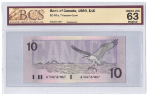 BCS Graded UNC 63 1989 Canada 10 Dollars Banknote