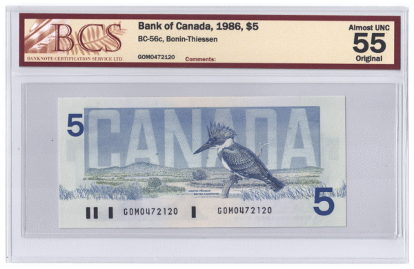 BCS Graded AU 55 1986 Canada 5 Dollars Banknote