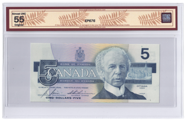 BCS Graded AU 55 1986 Canada 5 Dollars Banknote