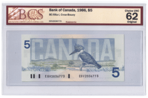 BCS Graded UNC 62 1986 Canada 5 Dollars Banknote