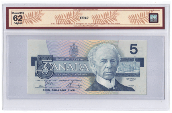 BCS Graded UNC 62 1986 Canada 5 Dollars Banknote