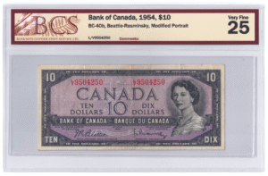 BCS Graded VF 25 1954 Canada 10 Dollars Banknote