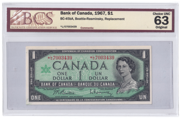 BCS Graded UNC 63 1967 Canada 1 Dollar Banknote