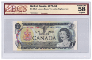 BCS Graded AU 58 1973 Canada 1 Dollar Banknote