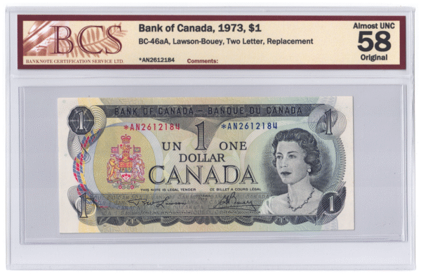 BCS Graded AU 58 1973 Canada 1 Dollar Banknote