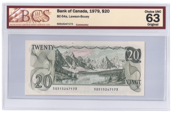 BCS Graded UNC 63 1979 Canada 20 Dollars Banknote