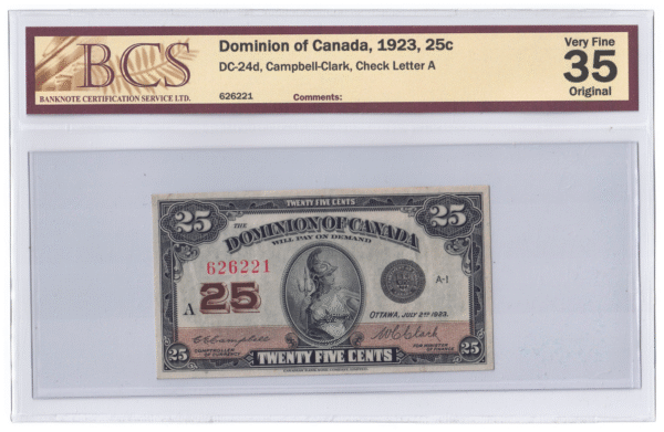 BCS Graded VF 35 1923 Canada 25 Cents Banknote