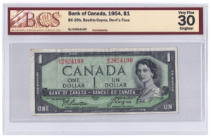 BCS Graded VF 30 1954 Canada 1 Dollar Banknote