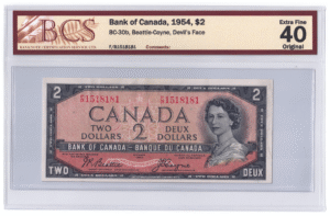 BCS Graded EF 40 1954 Canada 2 Dollars Banknote