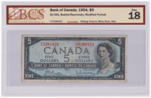 BCS Graded F 18 1954 Canada 5 Dollars Banknote
