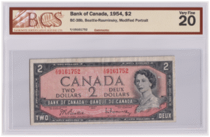 BCS Graded VF 20 1954 Canada 2 Dollars Y/U Prefix Banknote