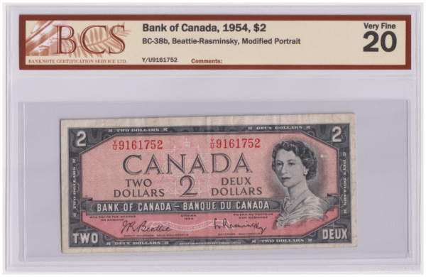 BCS Graded VF 20 1954 Canada 2 Dollars Y/U Prefix Banknote