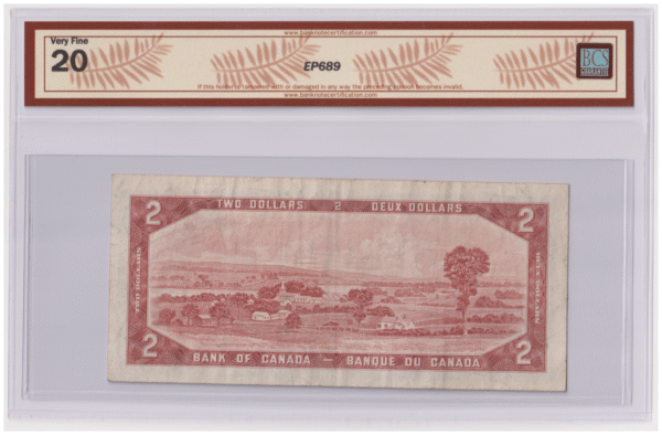 BCS Graded VF 20 1954 Canada 2 Dollars Y/U Prefix Banknote