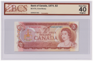 BCS Graded EF 40 1974 Canada 2 Dollars AGW Prefix Banknote