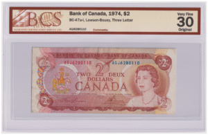 BCS Graded VF 30 1974 Canada 2 Dollars AGJ Prefix Banknote