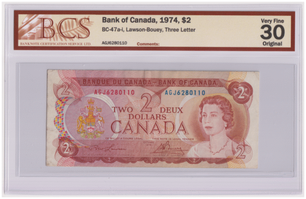 BCS Graded VF 30 1974 Canada 2 Dollars AGJ Prefix Banknote