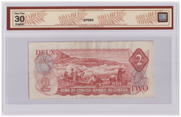BCS Graded VF 30 1974 Canada 2 Dollars AGJ Prefix Banknote