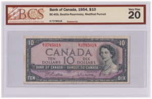 BCS Graded VF 20 1954 Canada 10 Dollars R/T Prefix Banknote