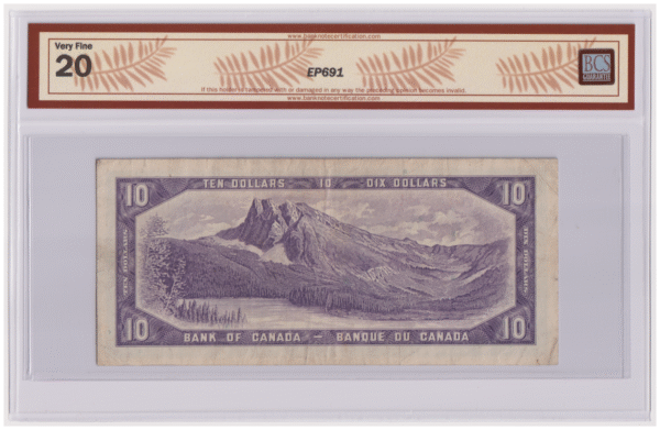BCS Graded VF 20 1954 Canada 10 Dollars R/T Prefix Banknote