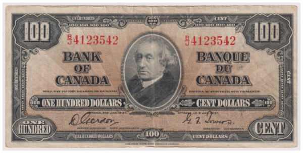 1937 100 Dollars Canada B/J Prefix