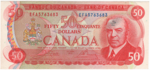 1975 EF 50 Dollars Canada EFA Prefix Crow/Bouey Pencil