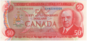 1975 Canada 2X Consecutive 50 Dollars EHN Prefix Crow/Bouey Unc