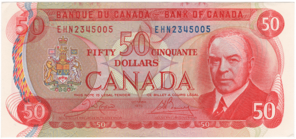 1975 Canada 2X Consecutive 50 Dollars EHN Prefix Crow/Bouey Unc