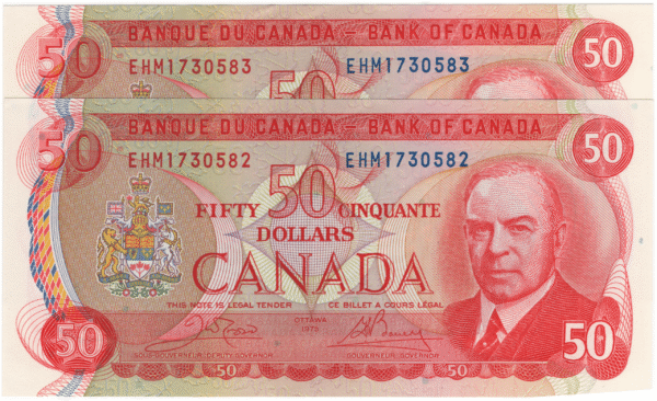 1975 Canada 2X Consecutive 50 Dollars EHM Prefix Crow/Bouey