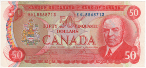 1975 Canada 50 Dollars EHL Prefix Crow/Bouey AU