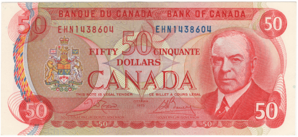1975 Canada 50 Dollars EHN Prefix Crow/Bouey UNC