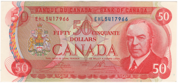 1975 Canada 50 Dollars EHL Prefix Crow/Bouey UNC