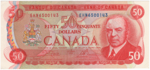 1975 Canada 50 Dollars EHN Prefix Crow/Bouey UNC