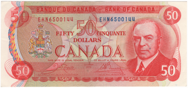 1975 Canada 50 Dollars EHN Prefix Crow/Bouey UNC