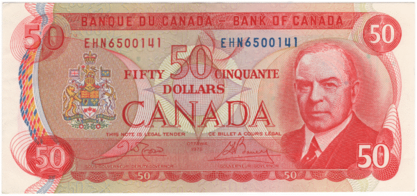 1975 Canada 50 Dollars EHN Prefix Crow/Bouey UNC