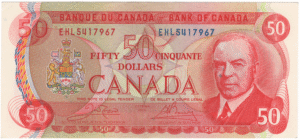1975 Canada 50 Dollars EHL Prefix Crow/Bouey UNC
