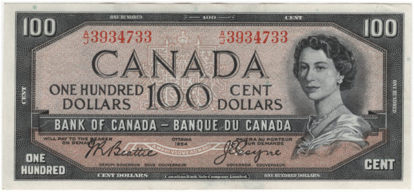 1954 Canada 100 Dollars A/J Prefix Beattie/Coyne AU