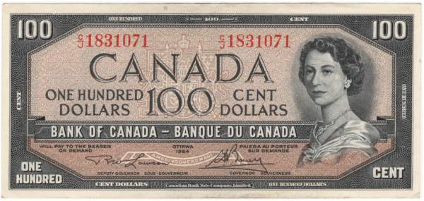 1954 Canada 100 Dollars CJ Prefix Lawson/Bouey EF