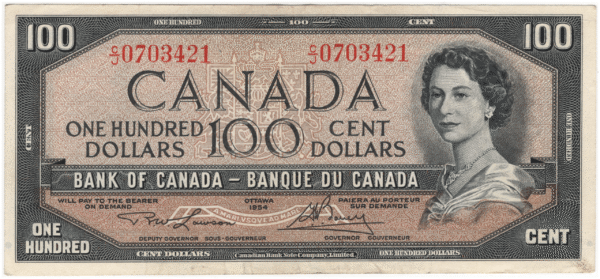 1954 Canada 100 Dollars CJ Prefix Lawson/Bouey EF