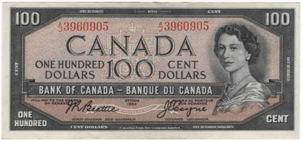 1954 Canada 100 Dollars AJ Prefix Beattie/Coyne AU