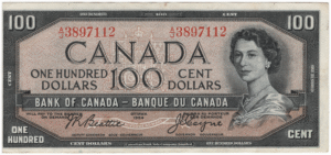 1954 Canada 100 Dollars AJ Prefix Beattie/Coyne EF Miscut Note