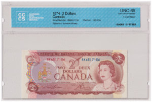 CCCS Graded UNC 65 1974 Canada 2 Dollars Banknote