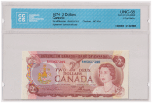 CCCS Graded UNC 65 1974 Canada 2 Dollars Banknote 4 Digit Radar