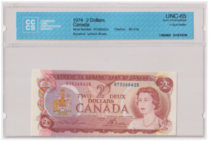 CCCS Graded UNC 65 1974 Canada 2 Dollars Banknote