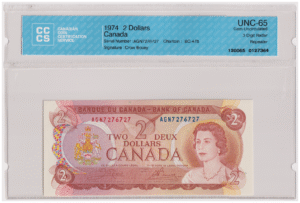 CCCS Graded UNC 65 1974 Canada 2 Dollars Banknote