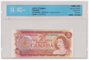CCCS Graded UNC 65 1974 Canada 2 Dollars Banknote