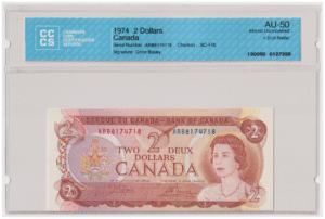 CCCS Graded AU 50 1974 Canada 2 Dollars Banknote 4 Digit Radar